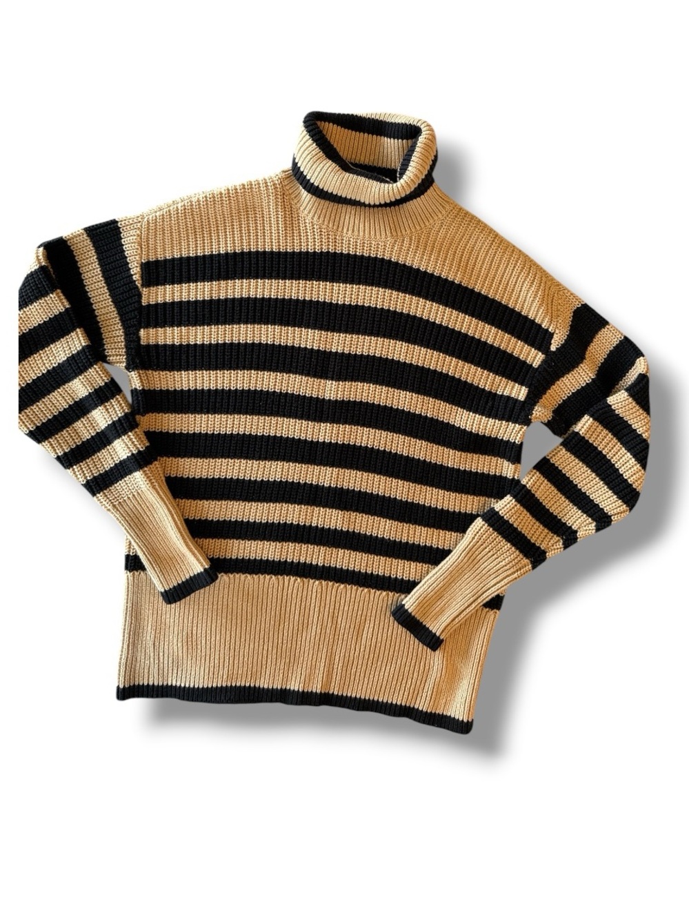 CAbi Polo Turtleneck Sweater Camel/Black Striped Chunky Ribbed Knit Size Small - Picture 2 of 11